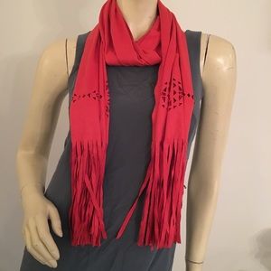 laser cut detailed red scarf with fringe